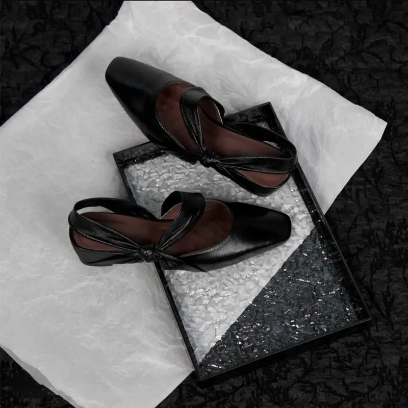 Baotou Sandals Summer New Square Head Shallow Mouth Butterfly Knot Soft Sole Anti-slip Wear-resistant Low Heel Shoes