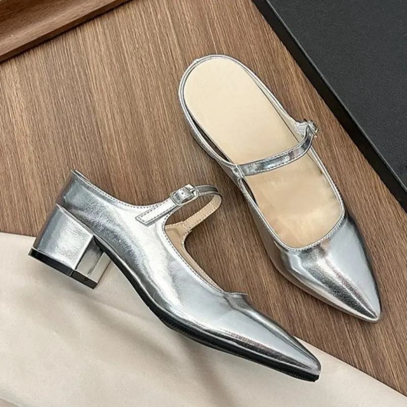 Wearing Baotou High-heeled Shoes for Women in Summer New Pointed Toe Shallow Mouth with Square Heel Slippers