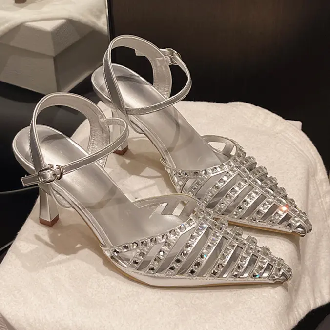 Women's Sequined Baotou High Heels Summer New Pointy, Shallow Hollowed-out Line with Non-slip Stiletto Sandals