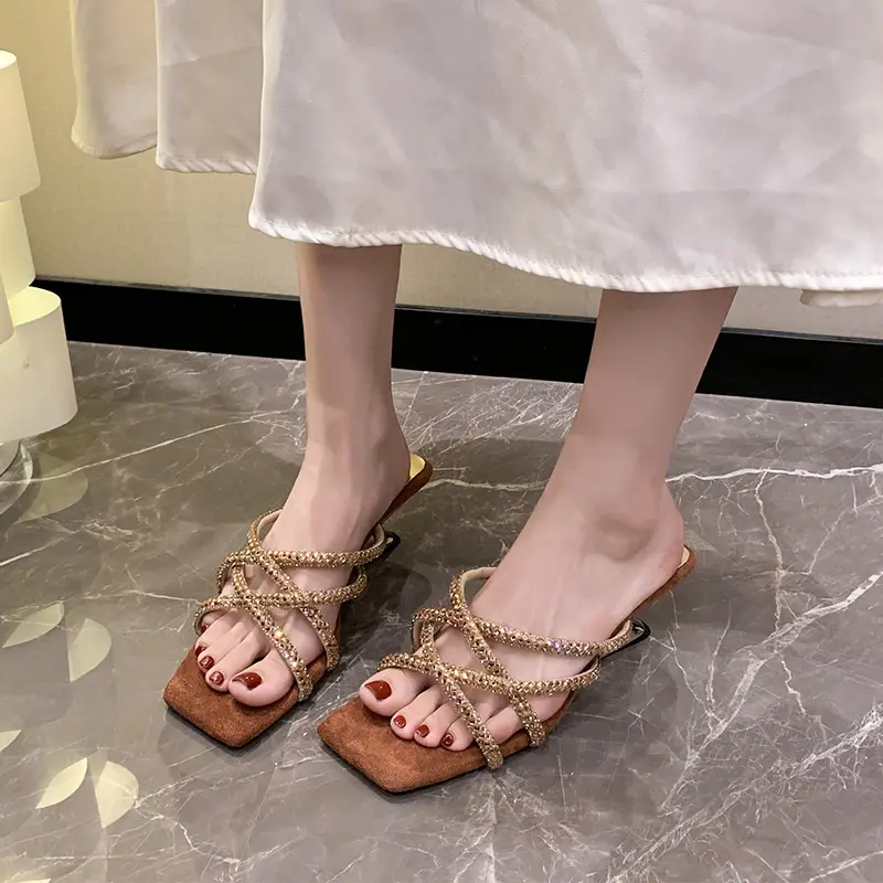 Square Head Sequin Thin Strip Flip-flops Summer New Soft Sole Open-toe Temperament Wedge Sandals