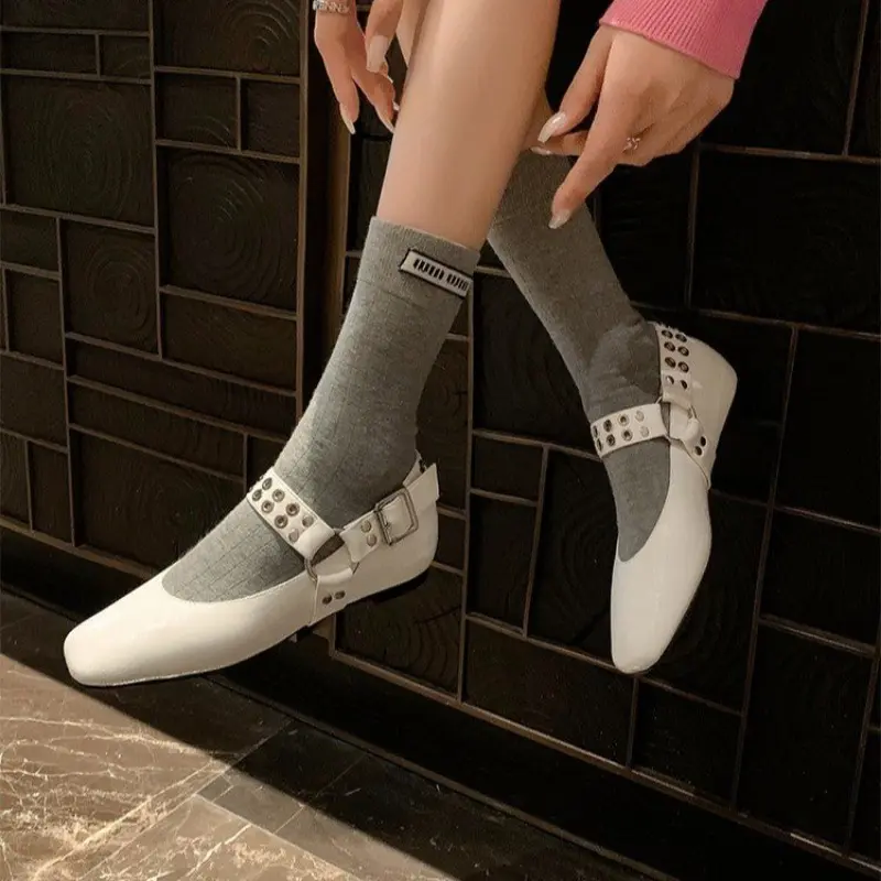 Spring Festival New Single Shoes Women Square Head Shallow Mouth Rivets Metal Buckle Word with Soft Sole Non-slip Flat Shoes