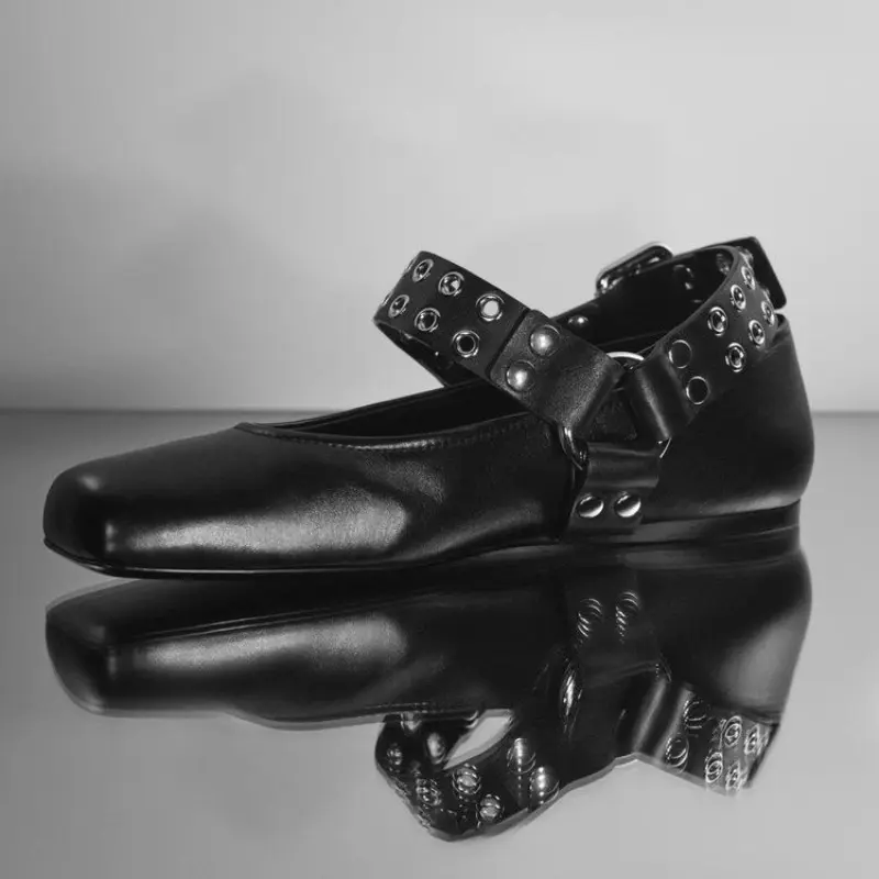 Spring Festival New Single Shoes Women Square Head Shallow Mouth Rivets Metal Buckle Word with Soft Sole Non-slip Flat Shoes