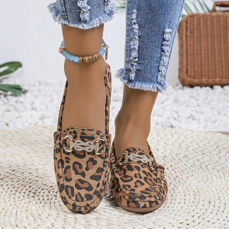 Fall New Loafers Vintage Round Toe Deep Mouth Leopard Rhinestone Metal Buckle Soft Sole Non-Slip Plus Size Flats