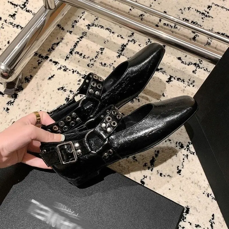 Spring Festival New Single Shoes Women Square Head Shallow Mouth Rivets Metal Buckle Word with Soft Sole Non-slip Flat Shoes