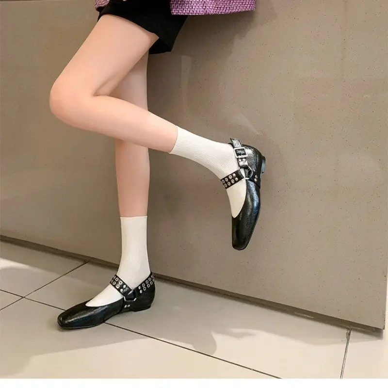 Spring Festival New Single Shoes Women Square Head Shallow Mouth Rivets Metal Buckle Word with Soft Sole Non-slip Flat Shoes