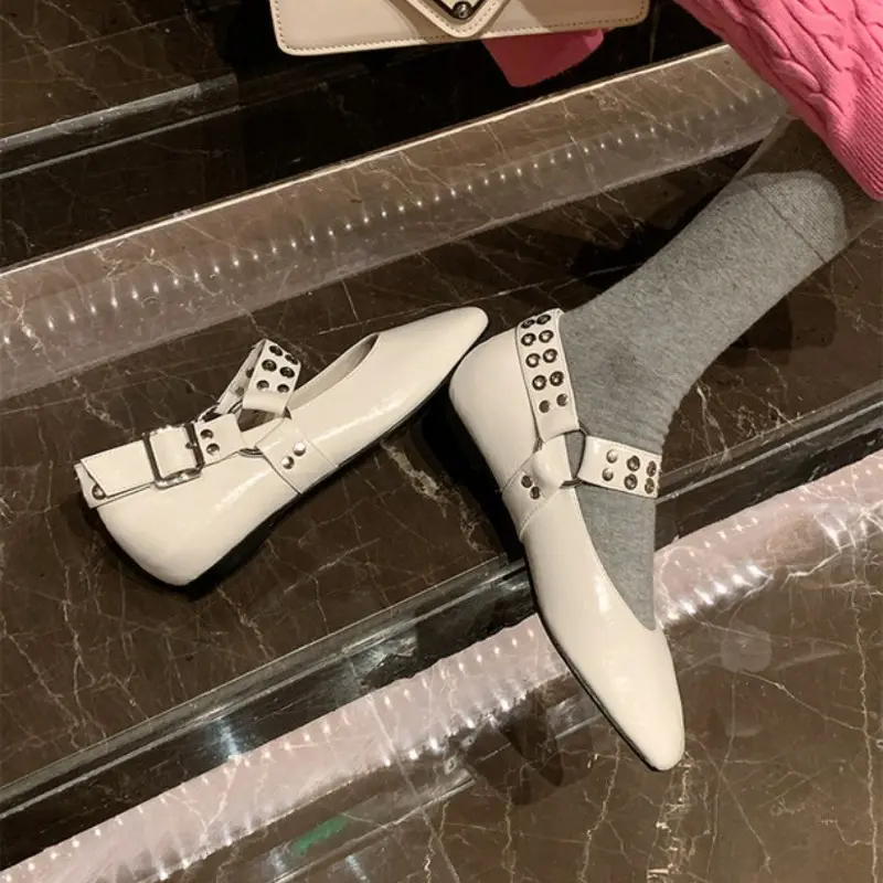 Spring Festival New Single Shoes Women Square Head Shallow Mouth Rivets Metal Buckle Word with Soft Sole Non-slip Flat Shoes