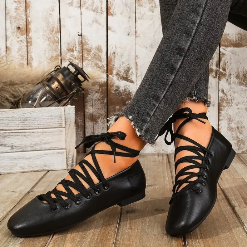 Women's New Fall Flat Shoes Square Head Shallow Mouth Front Lacing Soft Sole Anti-slip Wear-resistant Low-top Shoes