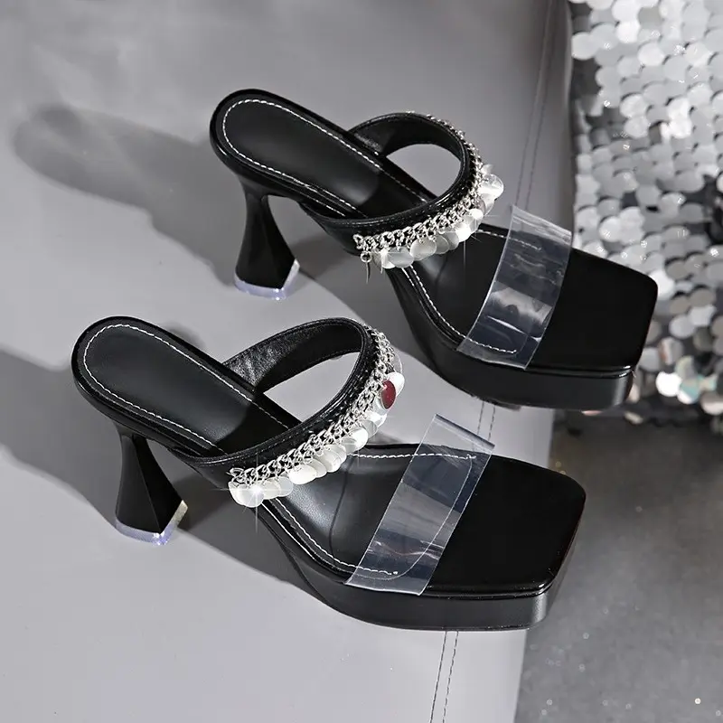 Temperament High Heels Sandals New Square Toe Clear Waterproof Too Sequin Non-Slip Wear-Resistant Flip-Flops
