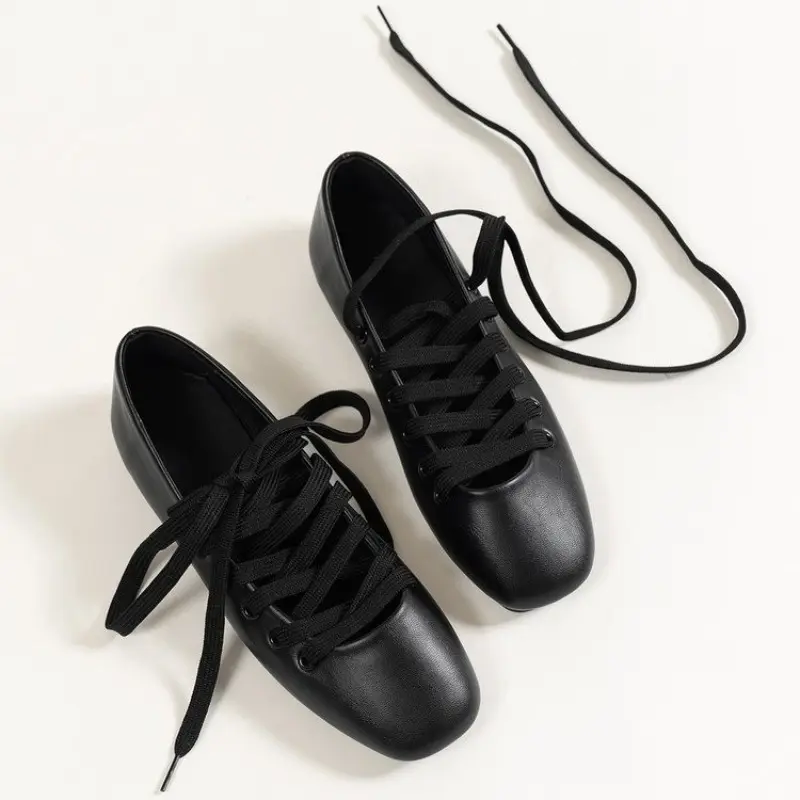 Women's New Fall Flat Shoes Square Head Shallow Mouth Front Lacing Soft Sole Anti-slip Wear-resistant Low-top Shoes