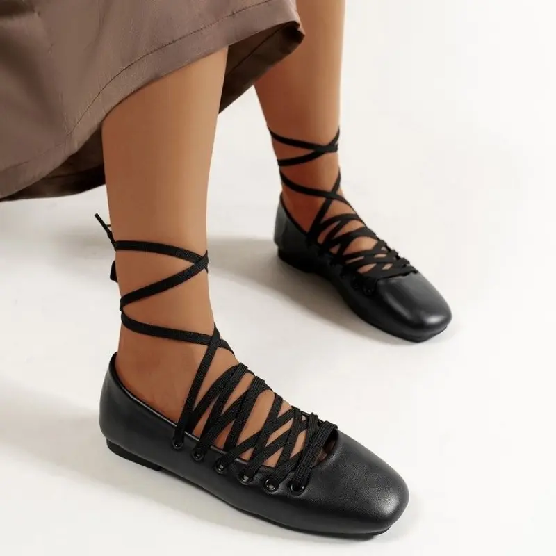Women's New Fall Flat Shoes Square Head Shallow Mouth Front Lacing Soft Sole Anti-slip Wear-resistant Low-top Shoes