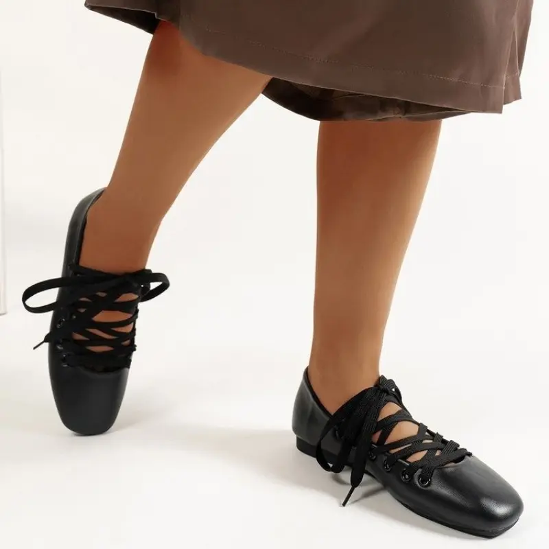 Women's New Fall Flat Shoes Square Head Shallow Mouth Front Lacing Soft Sole Anti-slip Wear-resistant Low-top Shoes