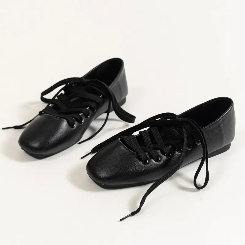 Women's New Fall Flat Shoes Square Head Shallow Mouth Front Lacing Soft Sole Anti-slip Wear-resistant Low-top Shoes