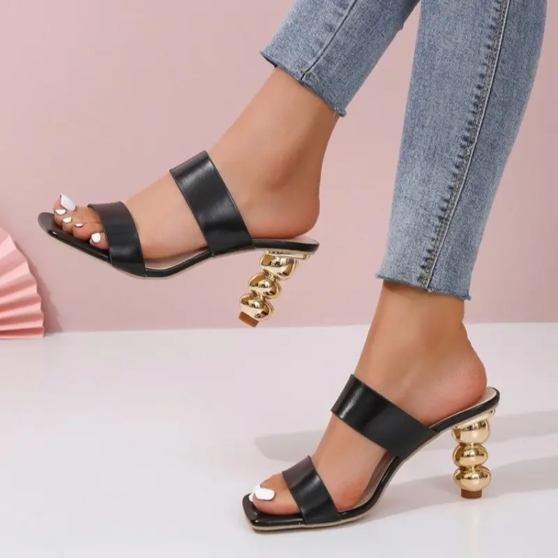 Special Heel Slippers Women's Fashion Outside Wear Summer Square Toe Open Toe One Strap Non-slip High Heels