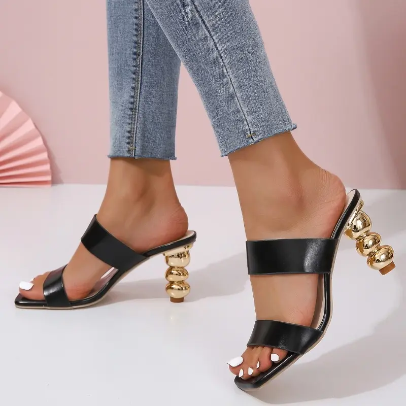 Special Heel Slippers Women's Fashion Outside Wear Summer Square Toe Open Toe One Strap Non-slip High Heels