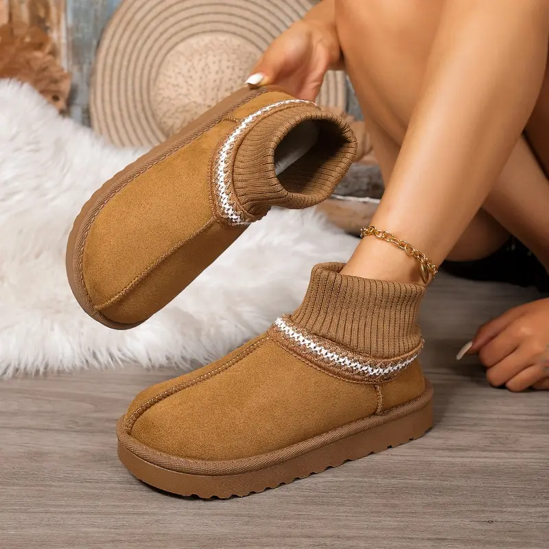 New Winter Platform Leather Knitted Warm Snow Boots Women's Platform Fleece Thickened Wool Mouth Cotton Boots