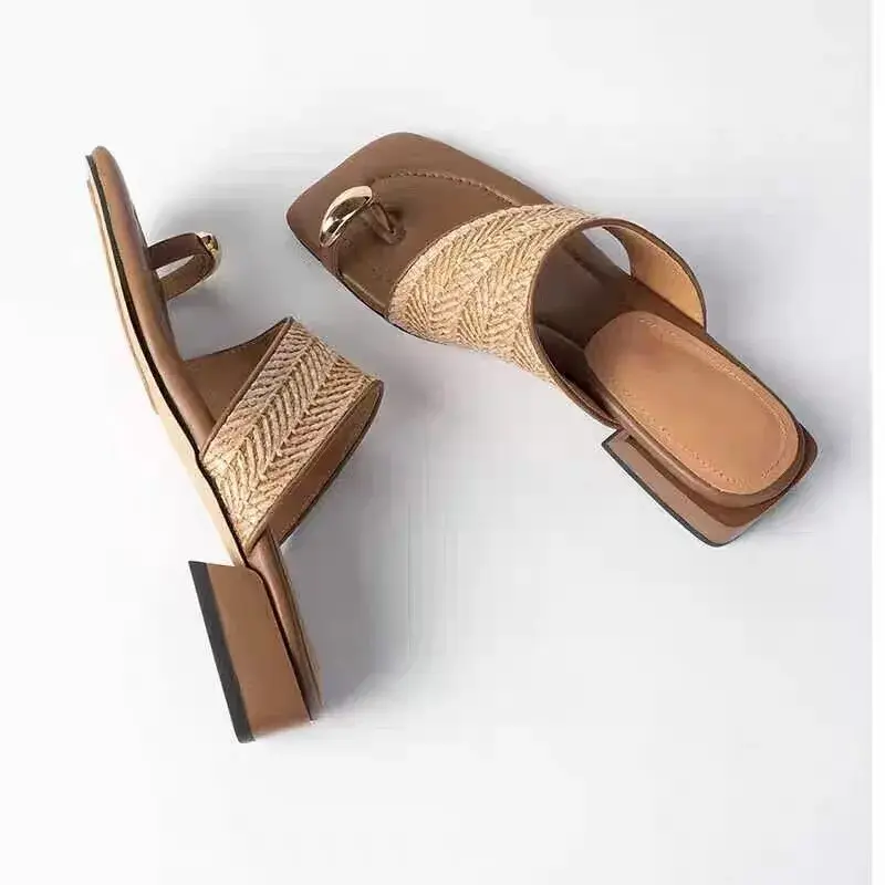 Square Head Breathable Straw Woven Metal Set Toe Thick with A Flip-flops Summer New Soft Bottom Sandals