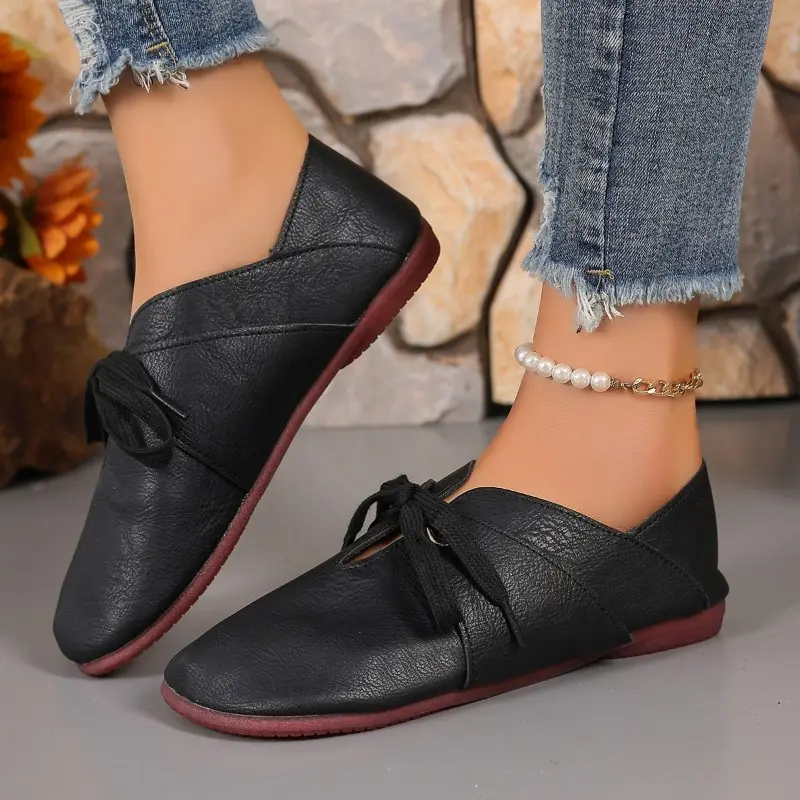 Autumn New Flat Shoes Women's Round Head Splicing Before Lacing Soft Sole Anti-slip Wear-resistant Low Top Shoes