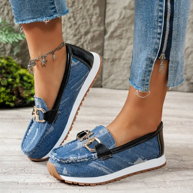 Women's Fashion Flat Shoes Fall New Round Head Denim Deep Mouth Metal Chain Anti-slip Wear-resistant Low-top Shoes