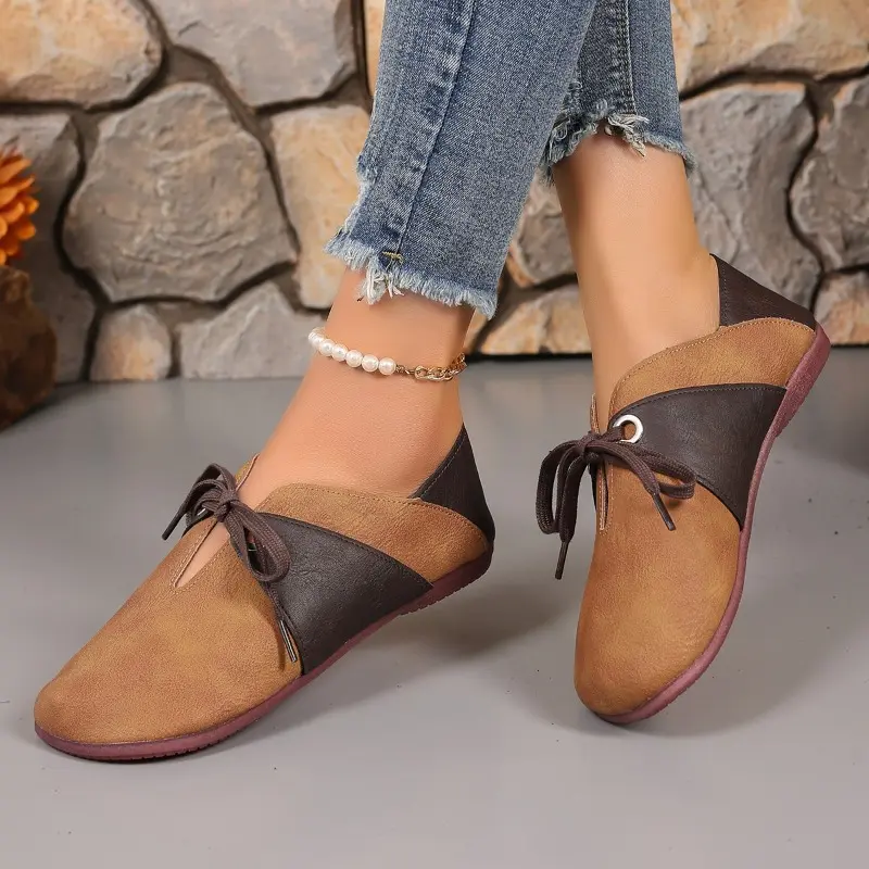 Autumn New Flat Shoes Women's Round Head Splicing Before Lacing Soft Sole Anti-slip Wear-resistant Low Top Shoes