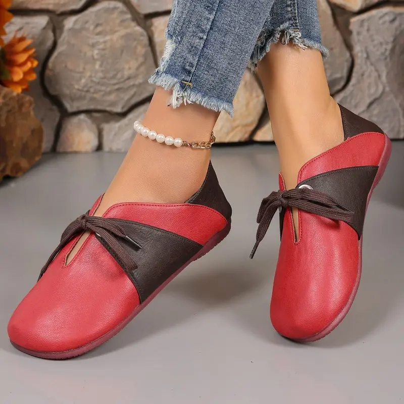 Autumn New Flat Shoes Women's Round Head Splicing Before Lacing Soft Sole Anti-slip Wear-resistant Low Top Shoes