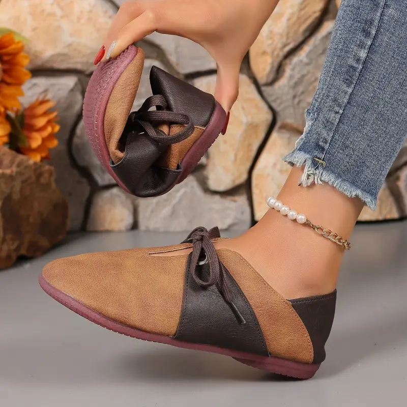 Autumn New Flat Shoes Women's Round Head Splicing Before Lacing Soft Sole Anti-slip Wear-resistant Low Top Shoes