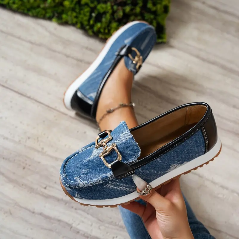 Women's Fashion Flat Shoes Fall New Round Head Denim Deep Mouth Metal Chain Anti-slip Wear-resistant Low-top Shoes