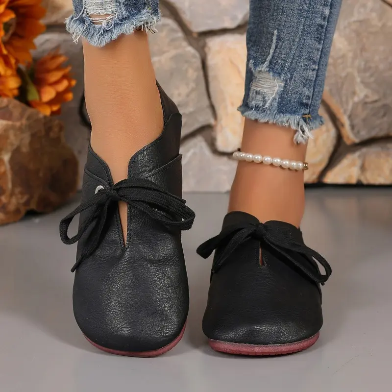 Autumn New Flat Shoes Women's Round Head Splicing Before Lacing Soft Sole Anti-slip Wear-resistant Low Top Shoes