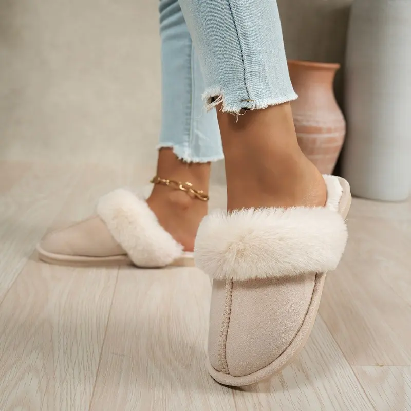 Fall/Winter Solid Color Deerskin Fleece Large Wool Warm Cotton Slippers Round Toe Deep Mouth Soft Sole Non-slip Flats