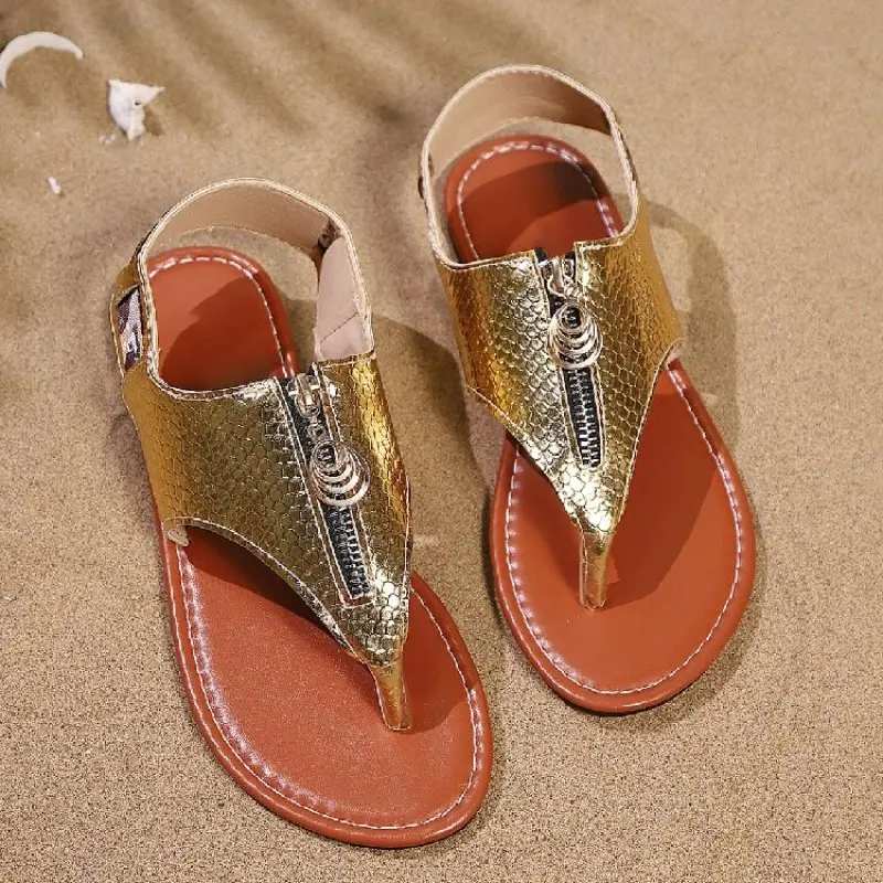 Summer New Clip Toe Flat Shoes Women's Fashion Round Toe Open Toe Front Zipper Soft Sole Non-Slip Plus Size Sandals