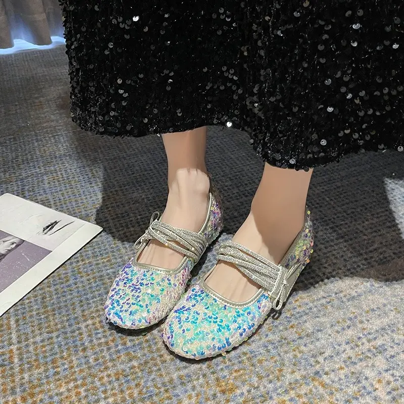 Bow Rhinestone Single Shoes Autumn New Round Toe Shallow Mouth Soft Sole Non-slip Wear-resistant Low Heel Shoes
