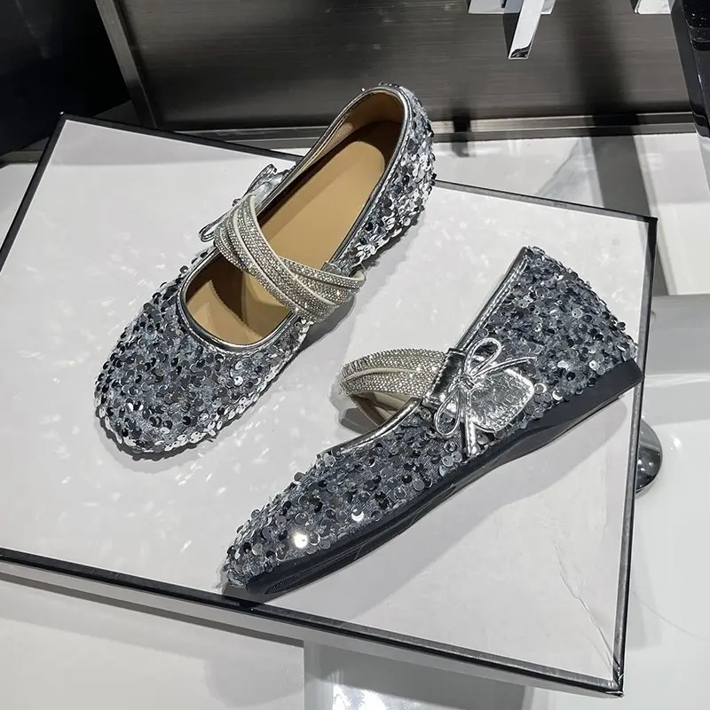 Bow Rhinestone Single Shoes Autumn New Round Toe Shallow Mouth Soft Sole Non-slip Wear-resistant Low Heel Shoes