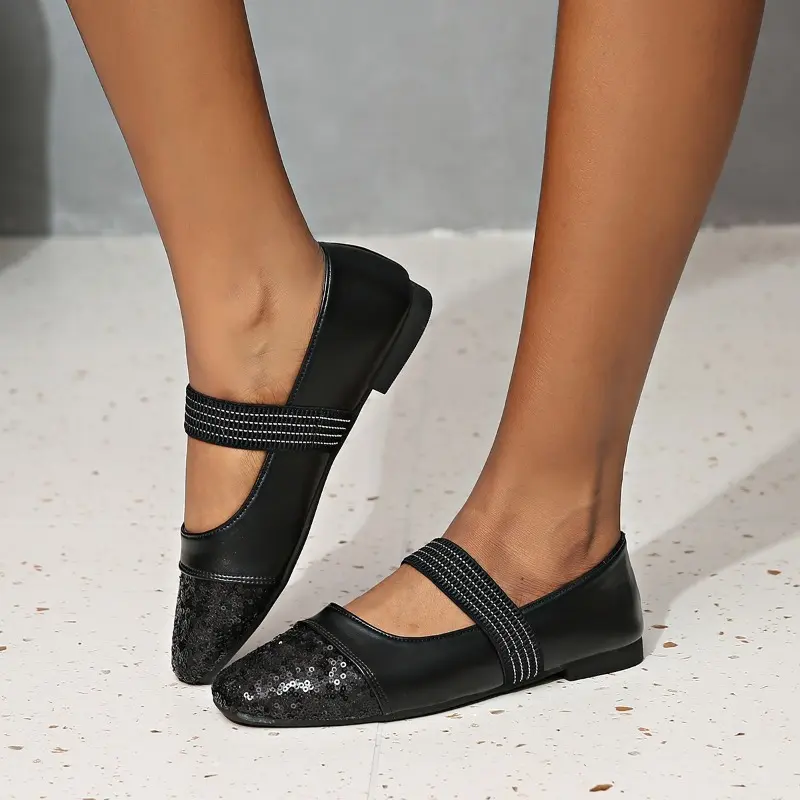 Spring New Flat Shoes Women's Square Head Shallow Mouth One Word Buckle Glitter Soft Sole Anti-slip Wear-resistant Single Shoes