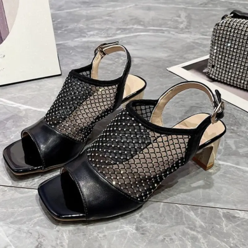 New Cutout Rhinestone Mesh Breathable Sandals Women's Summer Square Toe Open Toe Back Empty Square Heel Pump Shoes