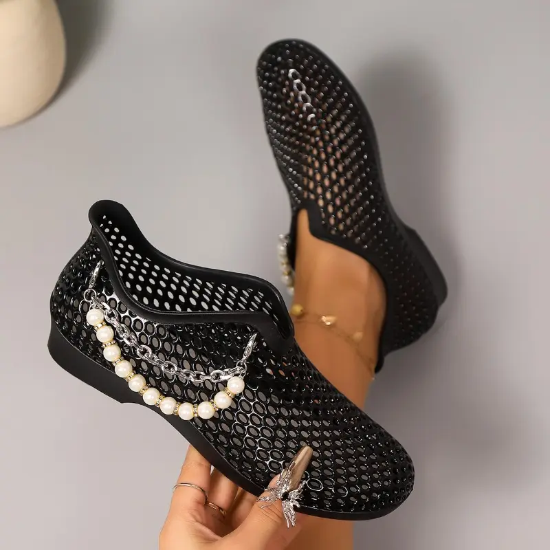 Women's Fashion Low Heel Shoes Summer New Round Head Deep Hollow Beaded Metal Chain Anti-slip Wear-resistant Sandals