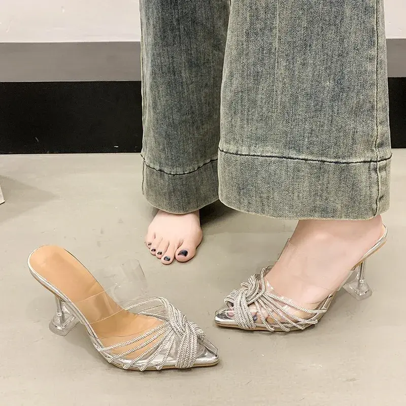 Pointed Toe Transparent High Heels Women's New Summer Fashion  Baotou Shallow Rhinestone Stiletto High Heel Sandals