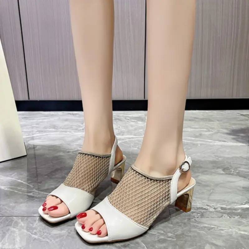 New Cutout Rhinestone Mesh Breathable Sandals Women's Summer Square Toe Open Toe Back Empty Square Heel Pump Shoes