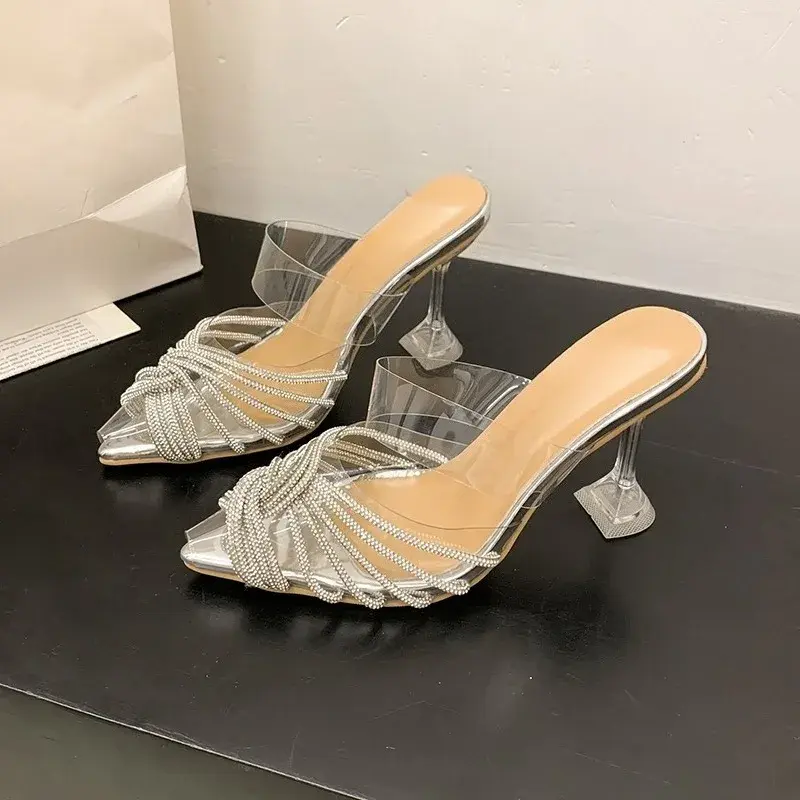 Pointed Toe Transparent High Heels Women's New Summer Fashion  Baotou Shallow Rhinestone Stiletto High Heel Sandals