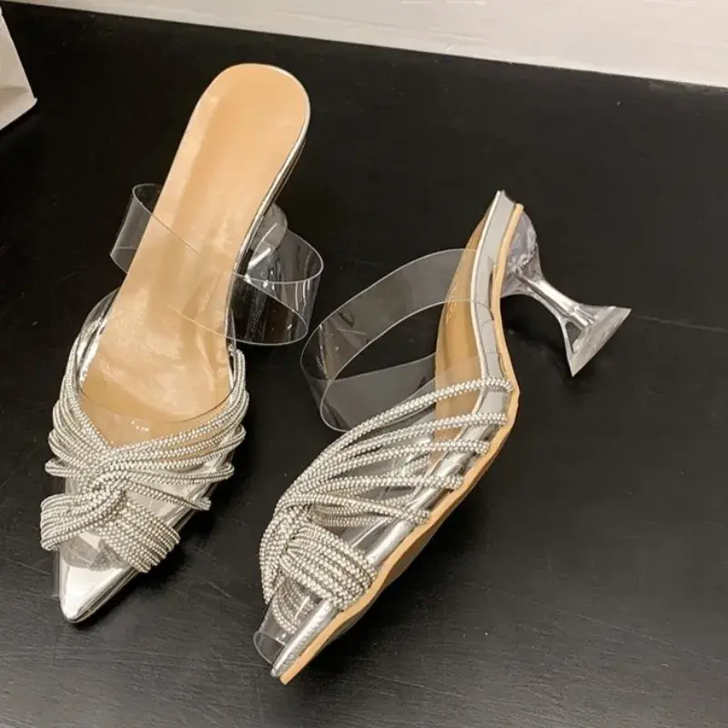 Pointed Toe Transparent High Heels Women's New Summer Fashion  Baotou Shallow Rhinestone Stiletto High Heel Sandals