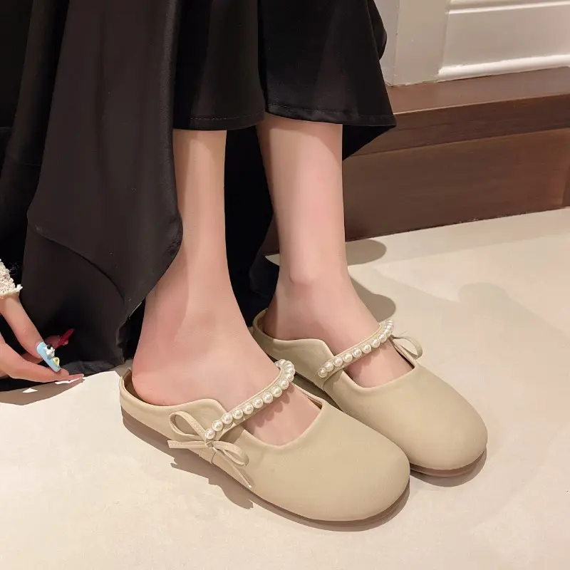 Baotou Flat Shoes Spring New Round Head Shallow Mouth Bead Butterfly Knot Soft Sole Anti-slip Wear-resistant Slippers