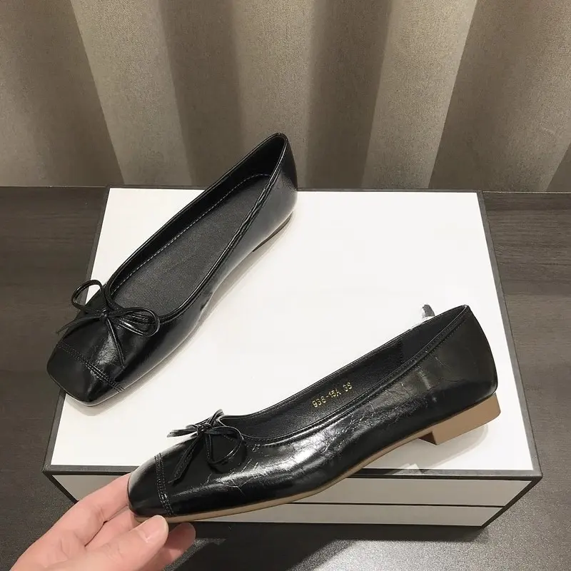 Low Heel Single Shoes Autumn New Square Toe Shallow Mouth Bow Soft Slip Non-slip Slip-on Block Heel Shoes