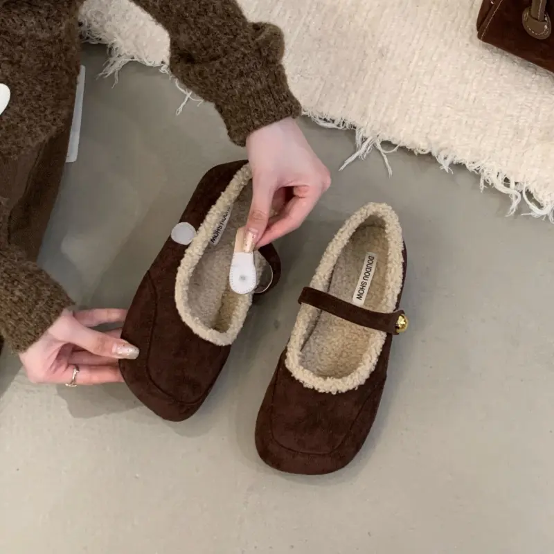 Women's Flat Shoes Winter New Square Head Shallow Mouth Suede Soft Sole Anti-slip Wear-resistant Low-top Shoes