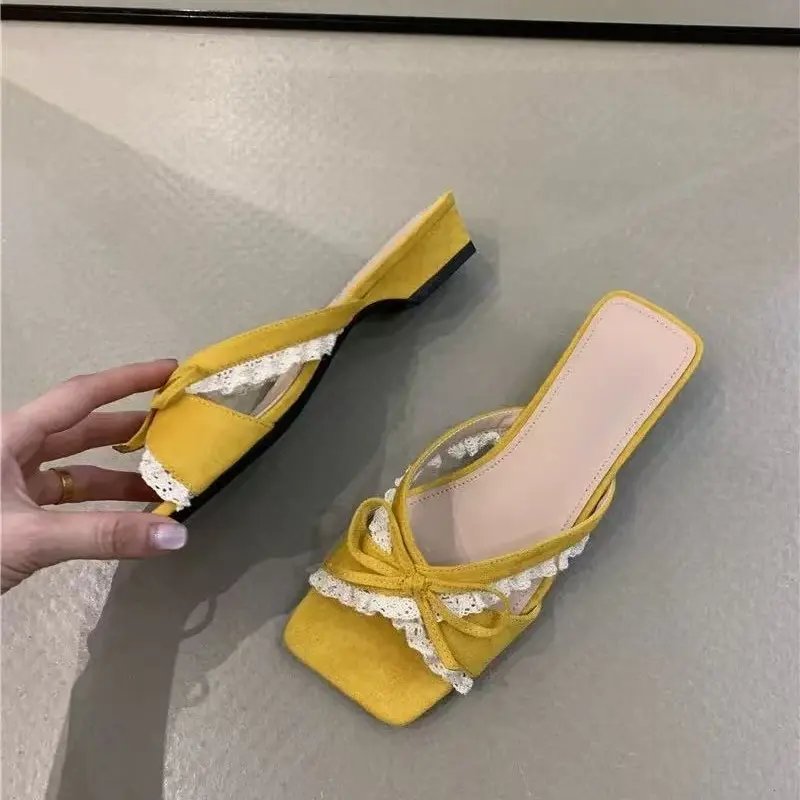 Bow Low Heel Cool Drag Women's Summer New Square Head Open Toe Outward Wear Lace Versatile Temperament Slip-on Flip-flops