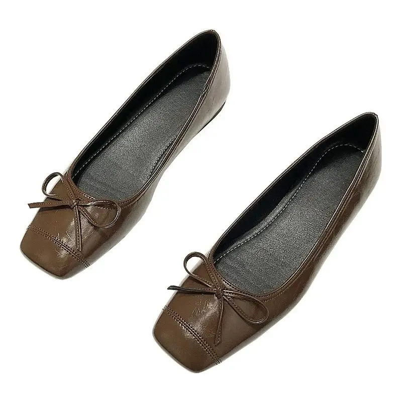 Low Heel Single Shoes Autumn New Square Toe Shallow Mouth Bow Soft Slip Non-slip Slip-on Block Heel Shoes