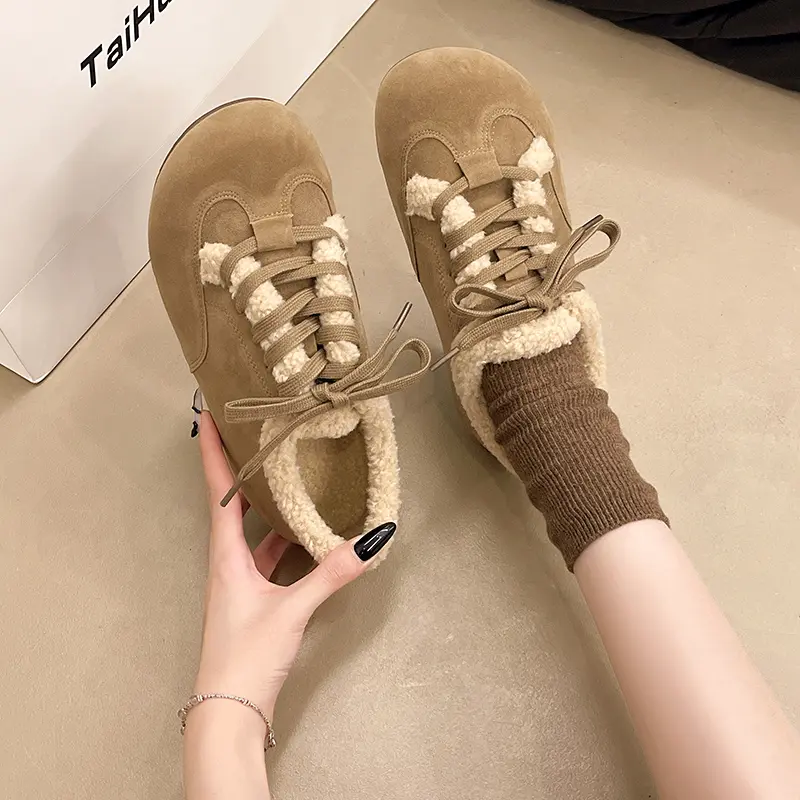 Women's Fashion Flat Cotton Boots Winter New Round Head Suede Front Lacing Soft Soles Non-slip Low-top Shoes