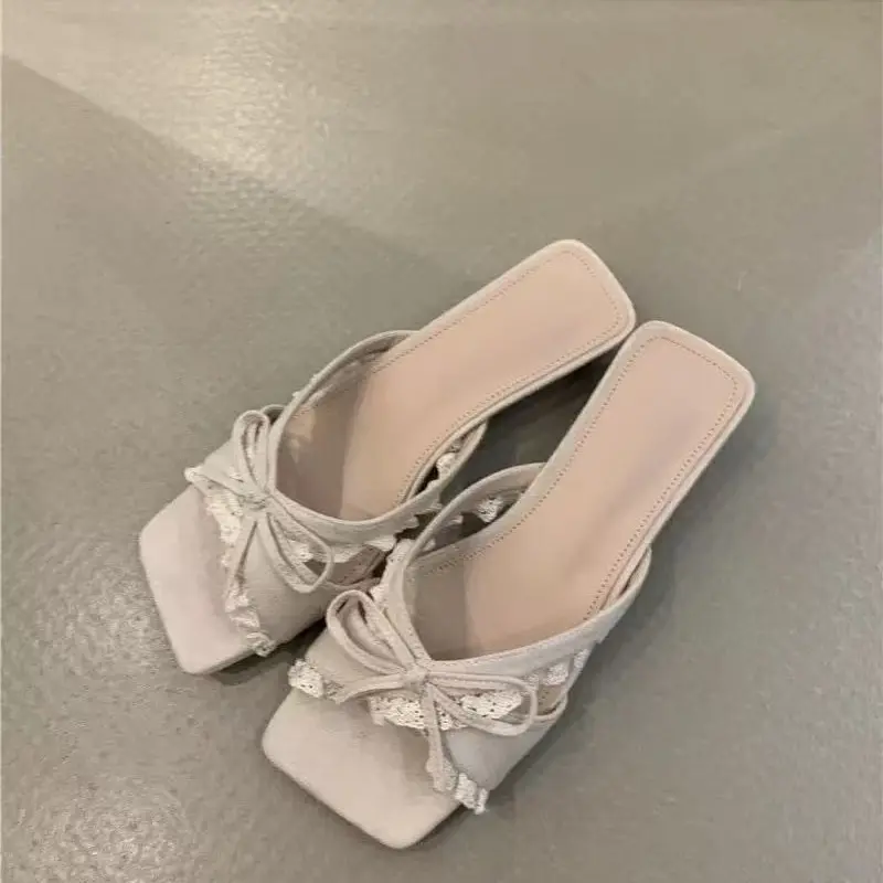 Bow Low Heel Cool Drag Women's Summer New Square Head Open Toe Outward Wear Lace Versatile Temperament Slip-on Flip-flops
