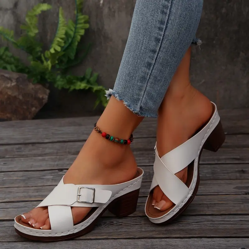 Round Toe Block Heel Retro Flip-flops Women Summer Open Toe Outward Wear Versatile Soft Sole Non-slip Wear-resistant High Heels