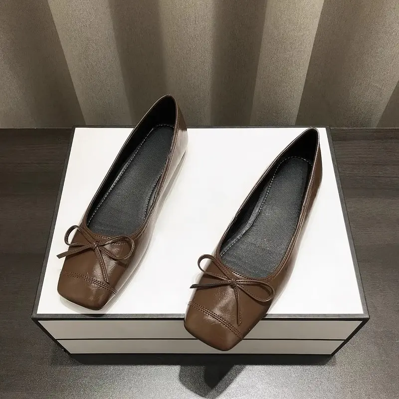 Low Heel Single Shoes Autumn New Square Toe Shallow Mouth Bow Soft Slip Non-slip Slip-on Block Heel Shoes