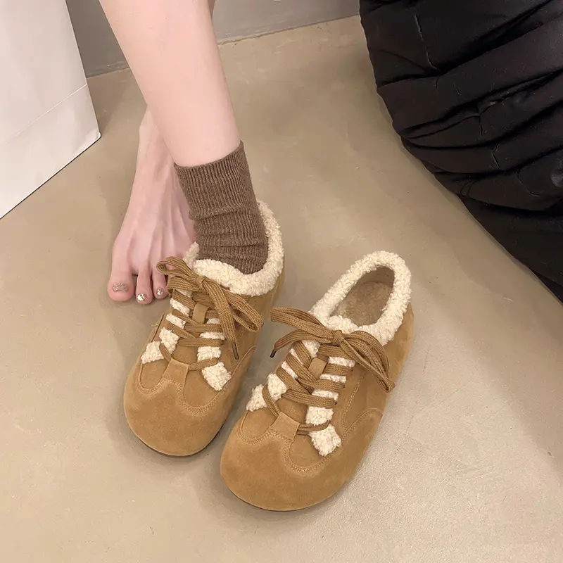 Women's Fashion Flat Cotton Boots Winter New Round Head Suede Front Lacing Soft Soles Non-slip Low-top Shoes