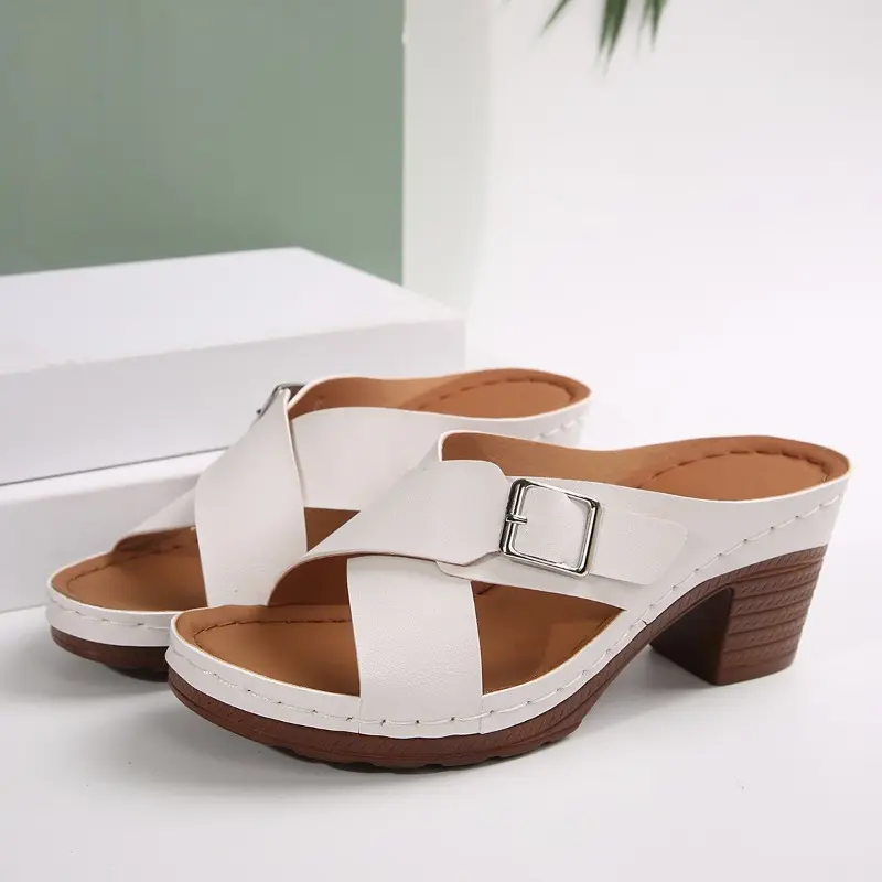 Round Toe Block Heel Retro Flip-flops Women Summer Open Toe Outward Wear Versatile Soft Sole Non-slip Wear-resistant High Heels