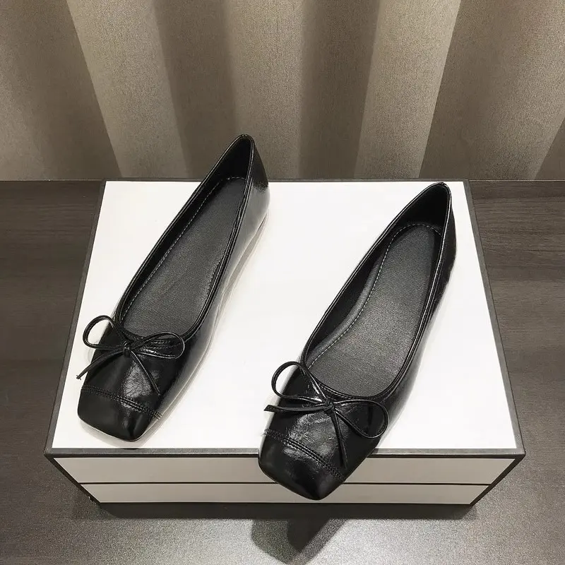 Low Heel Single Shoes Autumn New Square Toe Shallow Mouth Bow Soft Slip Non-slip Slip-on Block Heel Shoes
